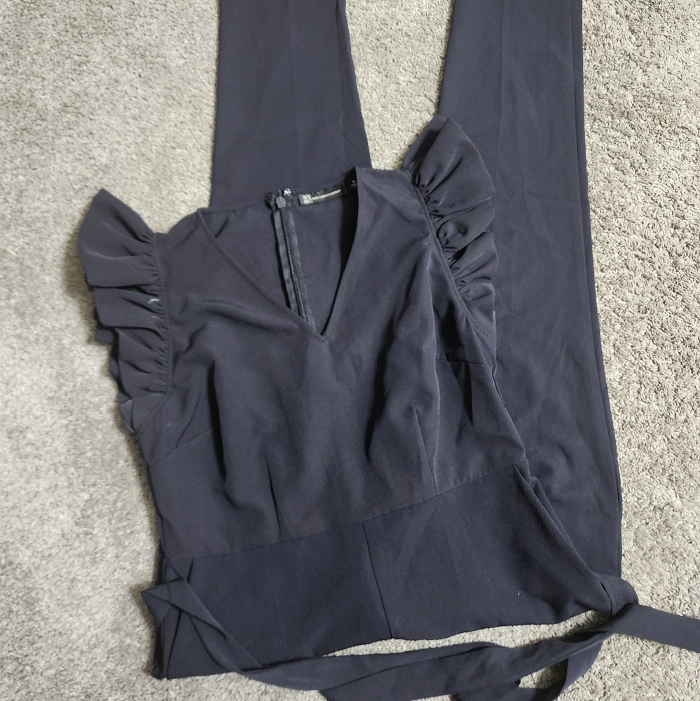 New York & Company Ruffle Sleeve V-Neck Jumpsuit Back Zip Navy Blue Size Medium